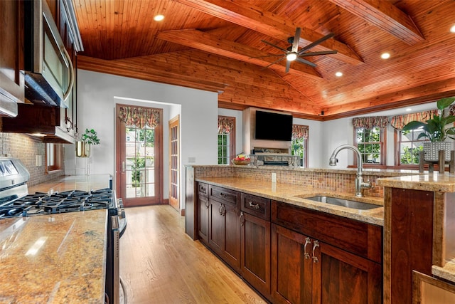 kitchen with lofted ceiling with beams, wooden ceiling, light wood-style flooring, a sink, and appliances with stainless steel finishes