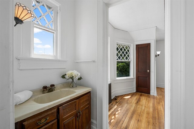 bathroom with lofted ceiling, wood-type flooring, and vanity