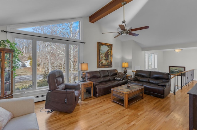 living area with light wood finished floors, baseboard heating, beamed ceiling, and a wealth of natural light