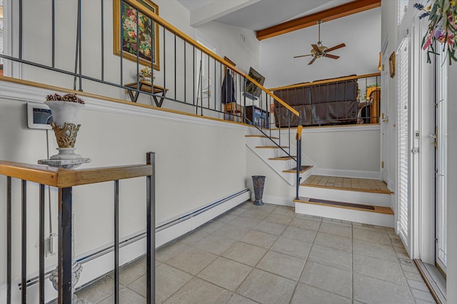 staircase with baseboards, ceiling fan, tile patterned flooring, an AC wall unit, and beamed ceiling