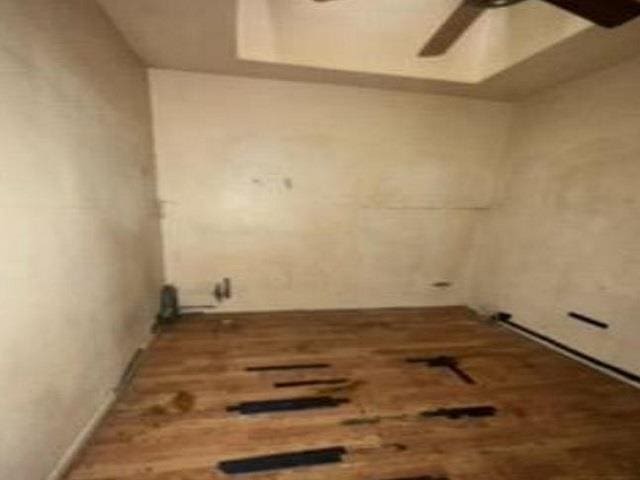 laundry area featuring ceiling fan and wood-type flooring