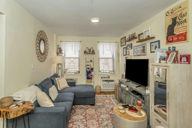 living room featuring a wall unit AC and wood finished floors