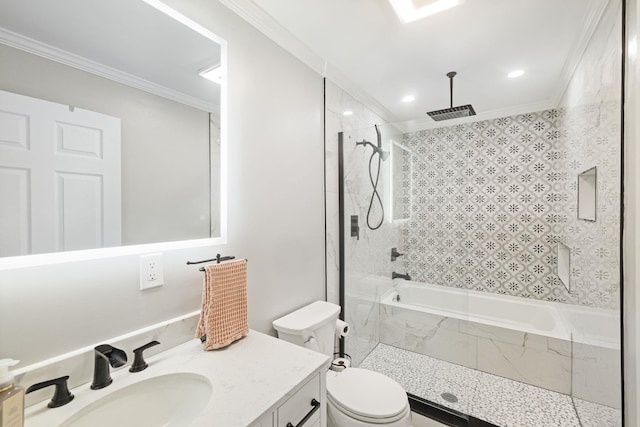 bathroom with crown molding, a combined bath / shower with rainfall shower, toilet, and vanity