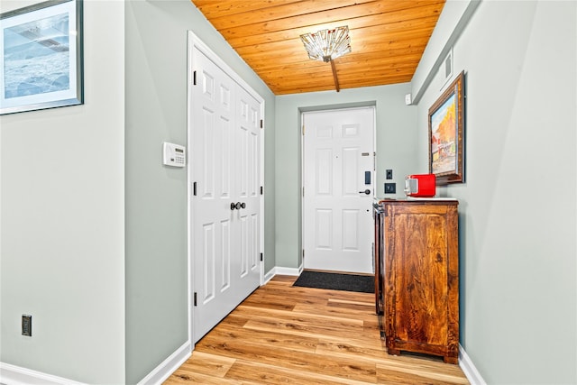 foyer with light hardwood / wood-style floors and wooden ceiling