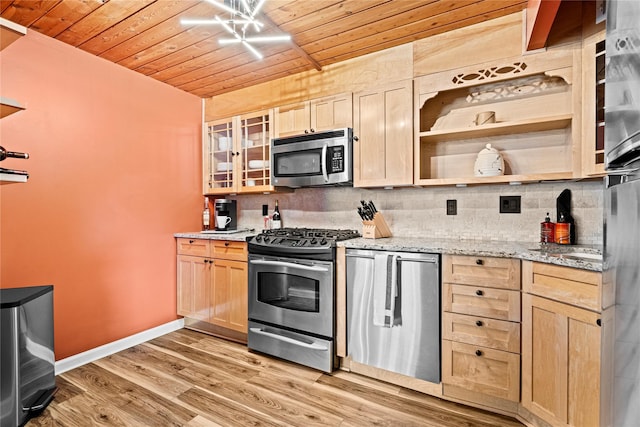 kitchen featuring wood ceiling, stainless steel appliances, backsplash, and light brown cabinetry