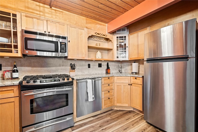 kitchen featuring appliances with stainless steel finishes, backsplash, light hardwood / wood-style floors, wooden ceiling, and light stone countertops