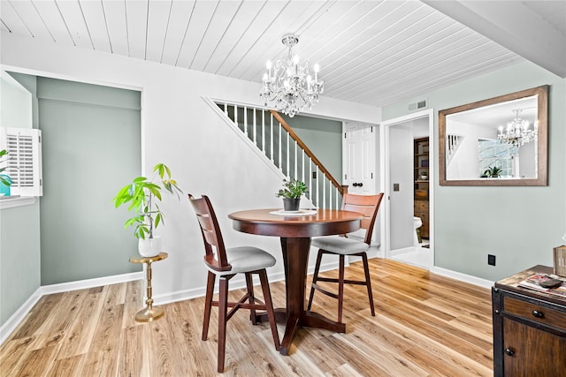 dining space featuring light hardwood / wood-style floors, a chandelier, and wood ceiling