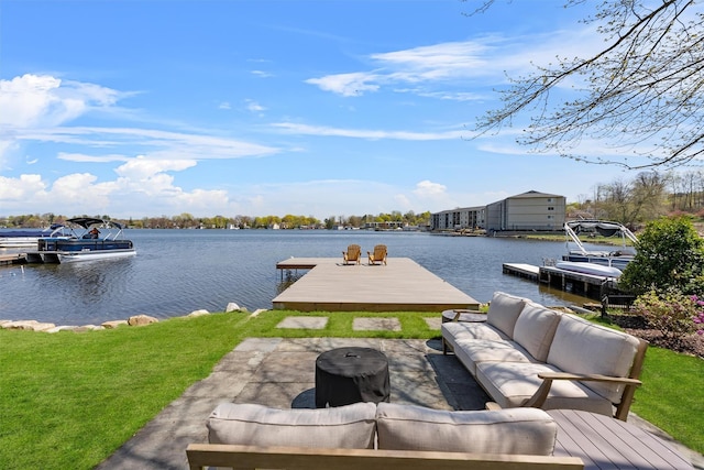 dock area with a water view and outdoor lounge area