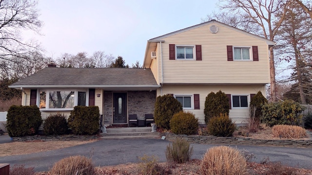 view of front of property with roof with shingles and a chimney