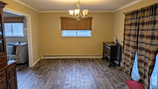 dining area with a baseboard heating unit, a notable chandelier, dark wood finished floors, and ornamental molding