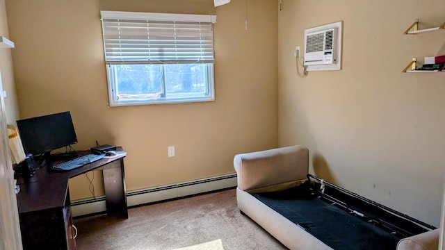 interior space with baseboard heating and an AC wall unit