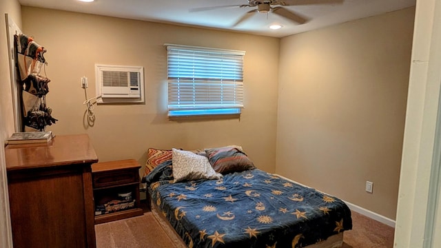 carpeted bedroom with ceiling fan, recessed lighting, baseboards, and a wall mounted AC