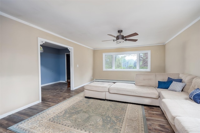 living room with dark wood finished floors, ceiling fan, ornamental molding, baseboards, and a baseboard radiator