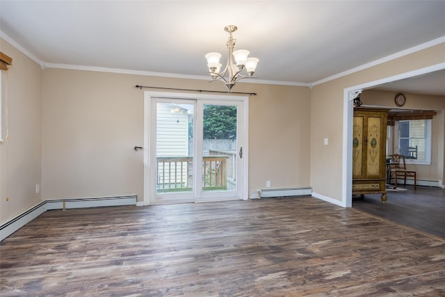 spare room featuring a baseboard heating unit, a chandelier, baseboard heating, wood finished floors, and ornamental molding