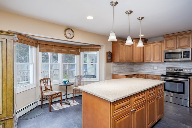 kitchen featuring appliances with stainless steel finishes, a baseboard heating unit, decorative backsplash, decorative light fixtures, and a center island