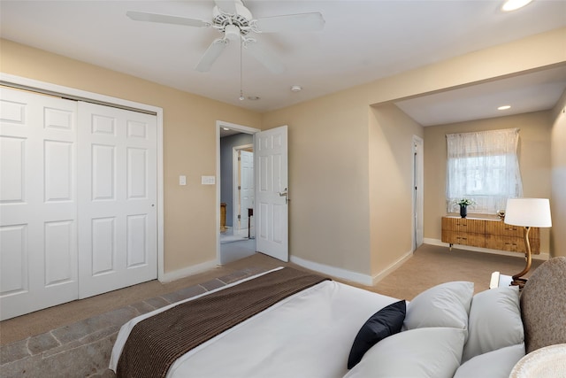 carpeted bedroom with baseboards, a closet, ceiling fan, and recessed lighting