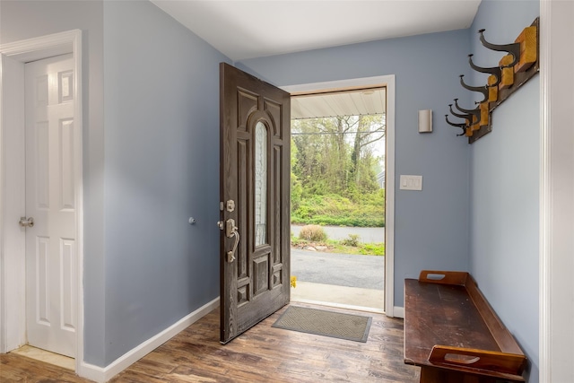 foyer entrance featuring wood finished floors and baseboards