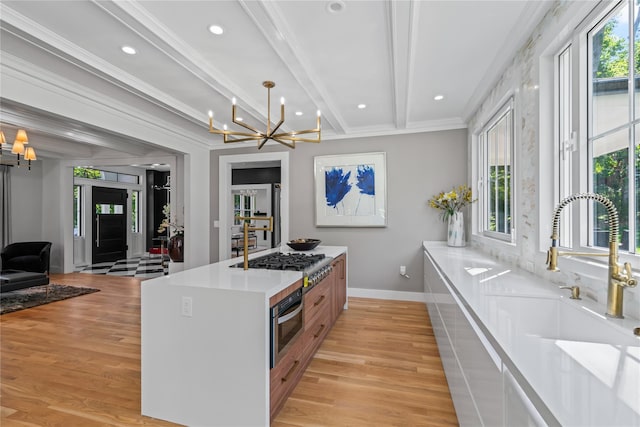 kitchen with a notable chandelier, crown molding, light wood finished floors, appliances with stainless steel finishes, and a sink