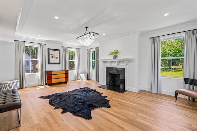 living area featuring ornamental molding, plenty of natural light, wood finished floors, and baseboards