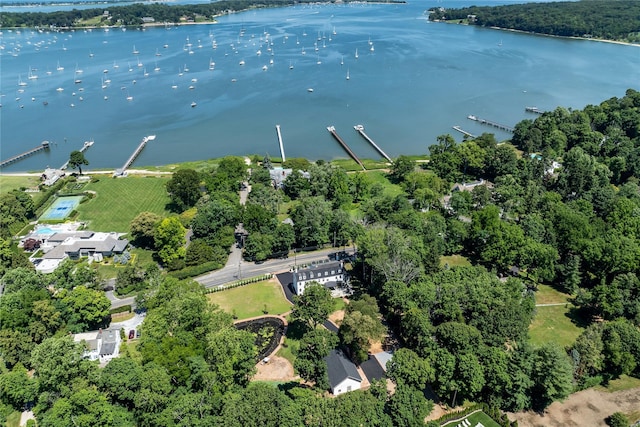 birds eye view of property featuring a water view