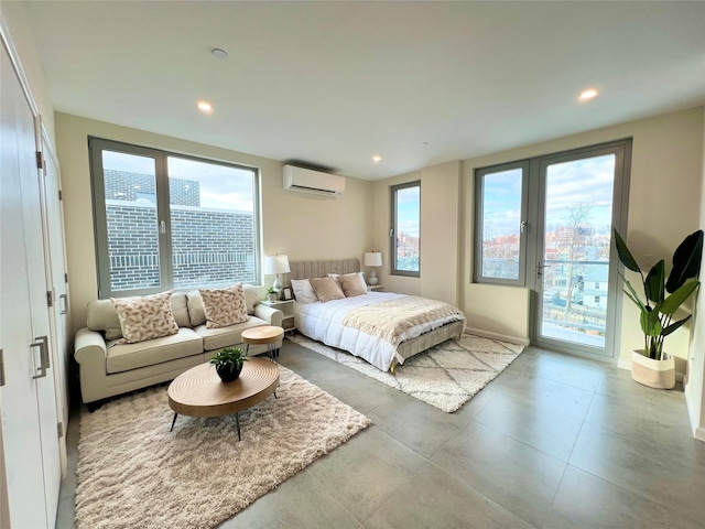 bedroom with recessed lighting, multiple windows, a wall unit AC, and access to exterior