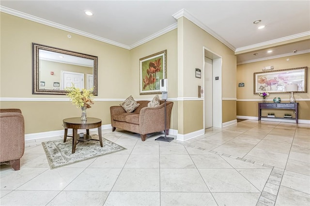 sitting room featuring elevator, light tile patterned floors, and crown molding