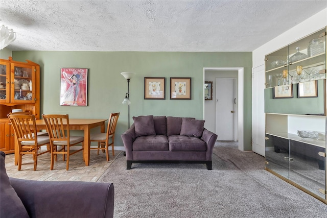 living area with a textured ceiling, carpet floors, and baseboards