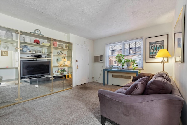 carpeted living area with radiator, a wall unit AC, and a textured ceiling