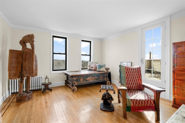 living area featuring ornamental molding, light wood finished floors, and baseboards