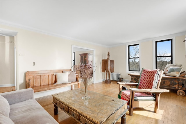 living area featuring radiator, light wood-style flooring, ornamental molding, and baseboards