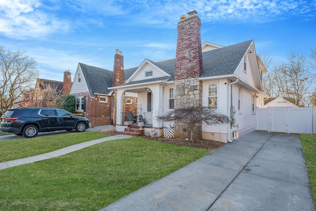 bungalow featuring brick siding, roof with shingles, a front yard, and a gate