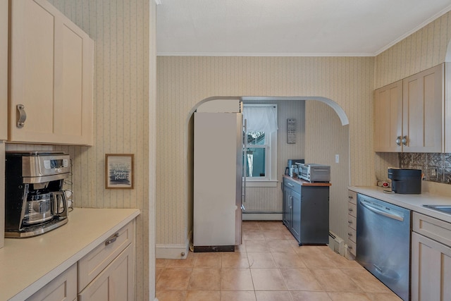 kitchen featuring arched walkways, light countertops, ornamental molding, dishwasher, and wallpapered walls