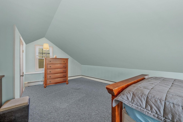 bedroom with lofted ceiling, a baseboard heating unit, and carpet flooring