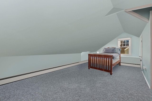 carpeted bedroom featuring a baseboard heating unit, a baseboard radiator, lofted ceiling, and baseboards