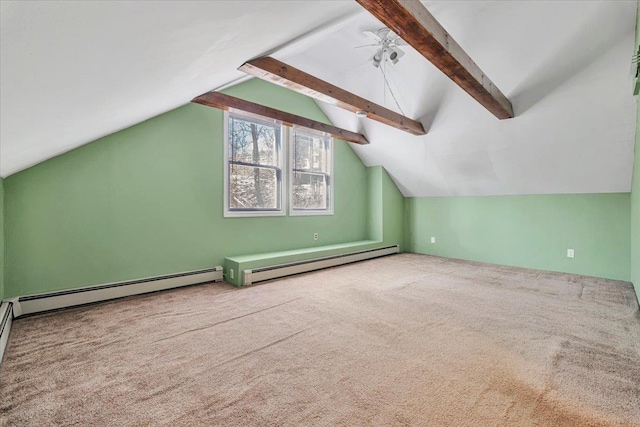 additional living space featuring carpet floors, a baseboard radiator, and lofted ceiling with beams