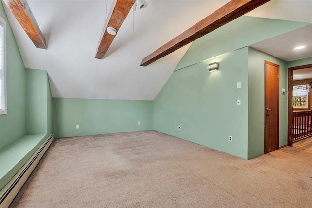 bonus room with light carpet, lofted ceiling with beams, and baseboard heating