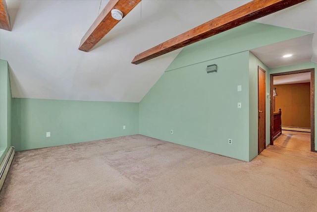 additional living space with lofted ceiling with beams, a baseboard radiator, baseboard heating, and light colored carpet