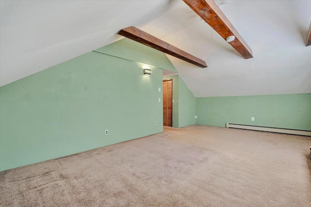 additional living space with vaulted ceiling with beams, baseboard heating, and carpet