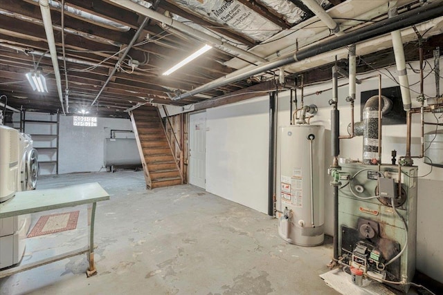 below grade area with water heater, stairway, a heating unit, and heating fuel