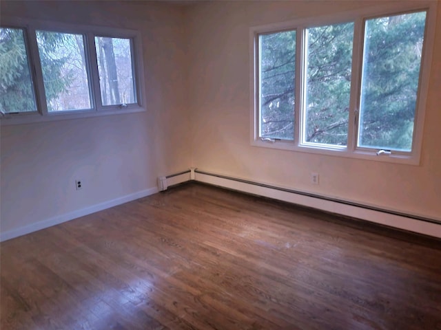 unfurnished room with a baseboard radiator and dark wood-type flooring