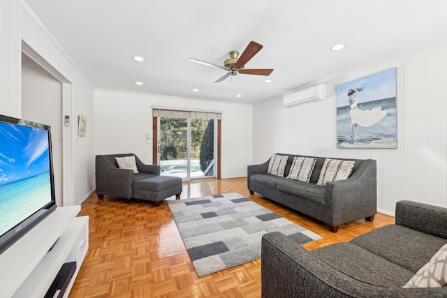 living area with ornamental molding, recessed lighting, a wall mounted air conditioner, and a ceiling fan