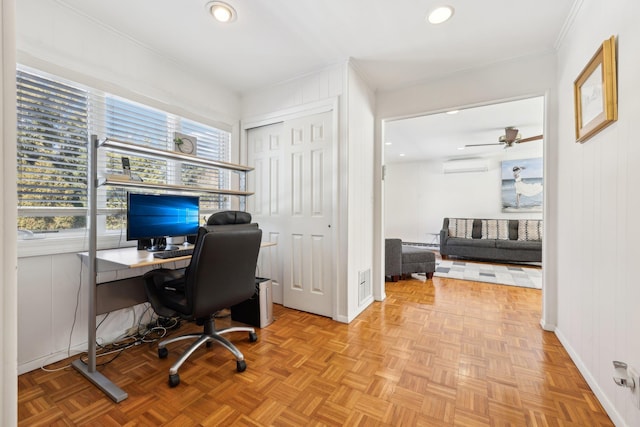 office space featuring baseboards, ornamental molding, a wall unit AC, and recessed lighting