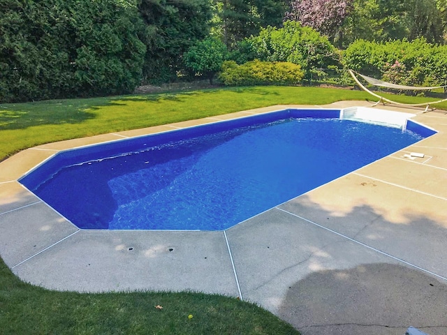 outdoor pool with a lawn and a patio