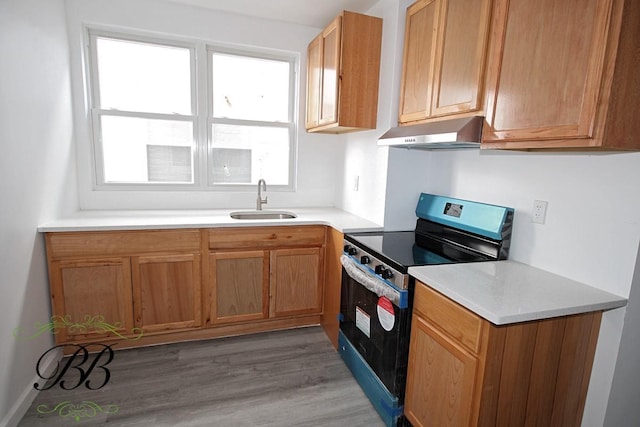 kitchen with electric stove, sink, and light hardwood / wood-style flooring