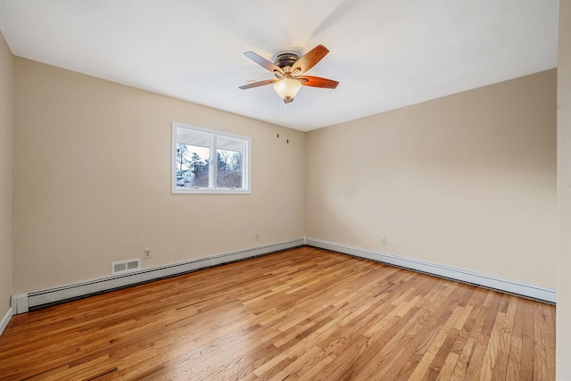 spare room featuring light wood-style flooring, visible vents, and a ceiling fan