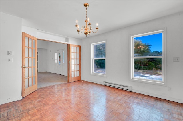 unfurnished room featuring baseboard heating, french doors, light parquet flooring, and a notable chandelier