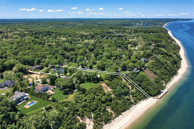 110 Crescent Ct, Wading River, NY 11792 - aerial view of property's location featuring a heavily wooded area, a large body of water, and property boundaries highlighted