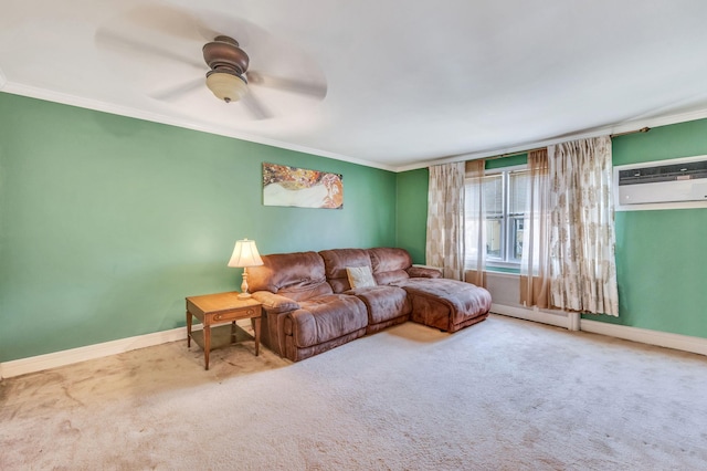 carpeted living area featuring ceiling fan, baseboards, an AC wall unit, and ornamental molding