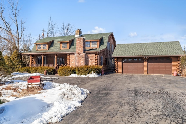 log home with a porch, a shingled roof, and log siding