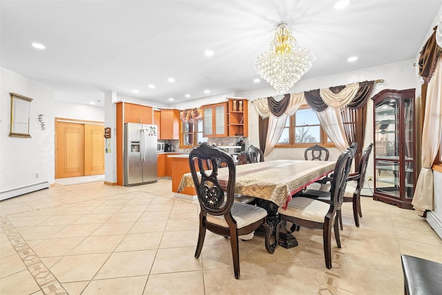 dining room featuring light tile patterned floors, a baseboard heating unit, a notable chandelier, and recessed lighting